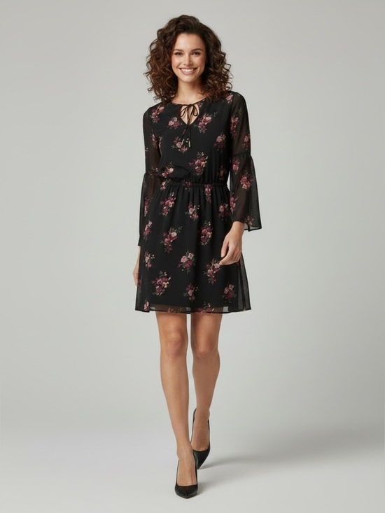 White House Black Market Dresses & Skirts - White House Black Market Bell Sleeve Floral Print Dress Black & Pink Small